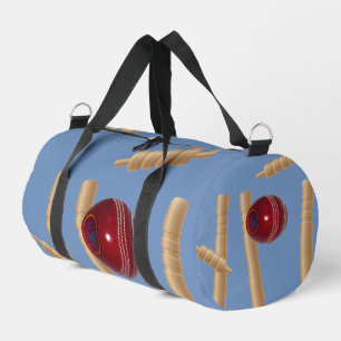 Cricket Ball On Blue Smashing Cricket Stumps, Duffle Bag