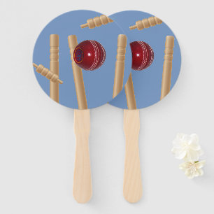Cricket Ball On Blue Smashing Cricket Stumps, Hand Fan