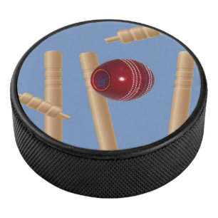 Cricket Ball On Blue Smashing Cricket Stumps, Hockey Puck