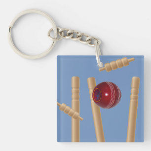 Cricket Ball On Blue Smashing Cricket Stumps, Key Ring