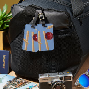 Cricket Ball On Blue Smashing Cricket Stumps, Luggage Tag