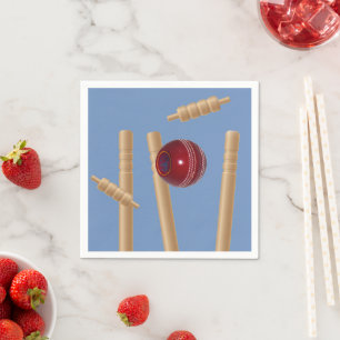 Cricket Ball On Blue Smashing Cricket Stumps, Napkin