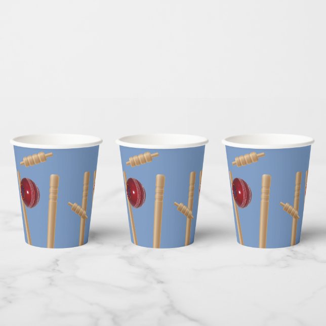 Cricket Ball On Blue Smashing Cricket Stumps, Paper Cups (Multi)