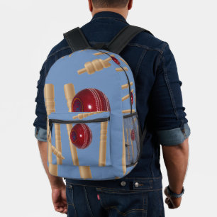 Cricket Ball On Blue Smashing Cricket Stumps, Printed Backpack