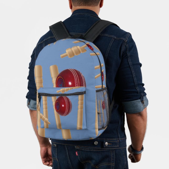 Cricket Ball On Blue Smashing Cricket Stumps, Printed Backpack (Insitu (Model))