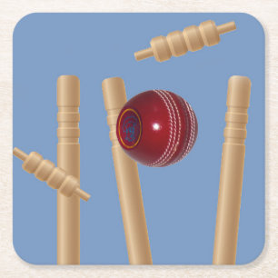 Cricket Ball On Blue Smashing Cricket Stumps, Square Paper Coaster