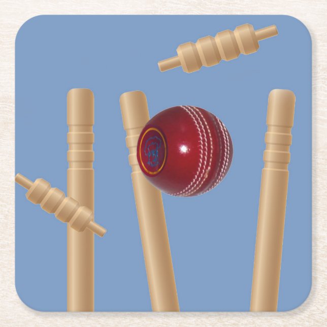 Cricket Ball On Blue Smashing Cricket Stumps, Square Paper Coaster (Front)