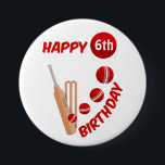Cricket Bat and Ball Kids Birthday 7.5 Cm Round Badge<br><div class="desc">This design has an illustration of a cricket bat,  wickets and ball. The ball has been hit for six. The design can be customised with a cricket loving child's birthday age and name. A personalised cricket design for kids birthday parties.</div>