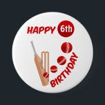 Cricket Bat and Ball Kids Birthday 7.5 Cm Round Badge<br><div class="desc">This design has an illustration of a cricket bat,  wickets and ball. The ball has been hit for six. The design can be customised with a cricket loving child's birthday age and name. A personalised cricket design for kids birthday parties.</div>
