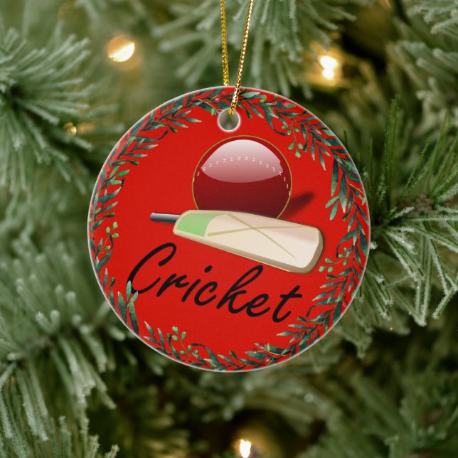 Cricket bat and ball, labelled, ceramic ornament (Tree)