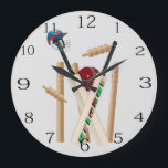 Cricket Bats Ball And Stumps,  Large Clock<br><div class="desc">Pictured are two cricket bats,  ball,  stumps and hat</div>