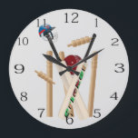 Cricket Bats Ball And Stumps,  Large Clock<br><div class="desc">Pictured are two cricket bats,  ball,  stumps and hat</div>