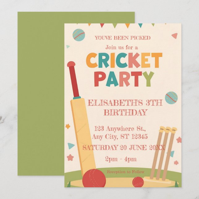 Cricket Birthday Party Sports Invitation (Front/Back)
