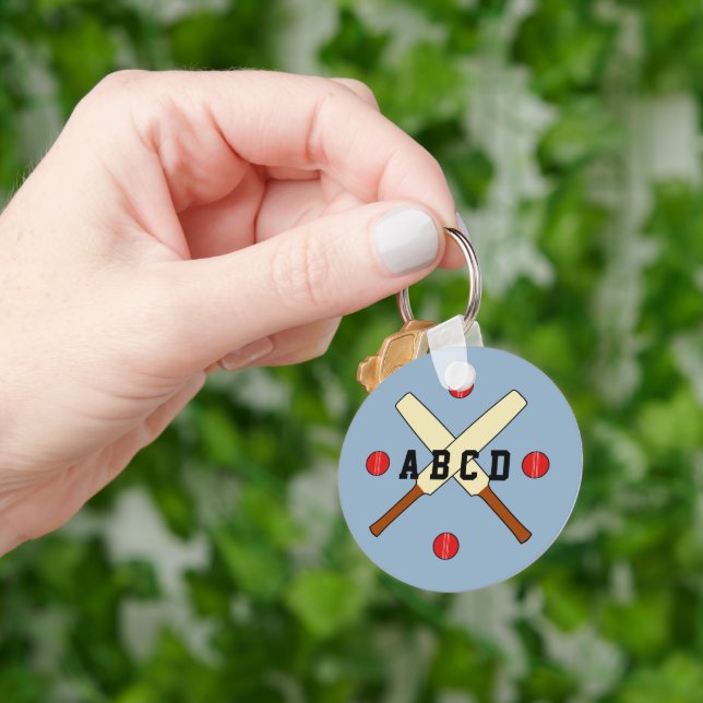 Cricket crossed bats personalised blue key ring (Hand)