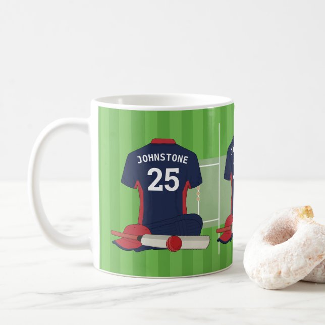 Cricket (dark blue and red ) fan/player coffee mug (With Donut)