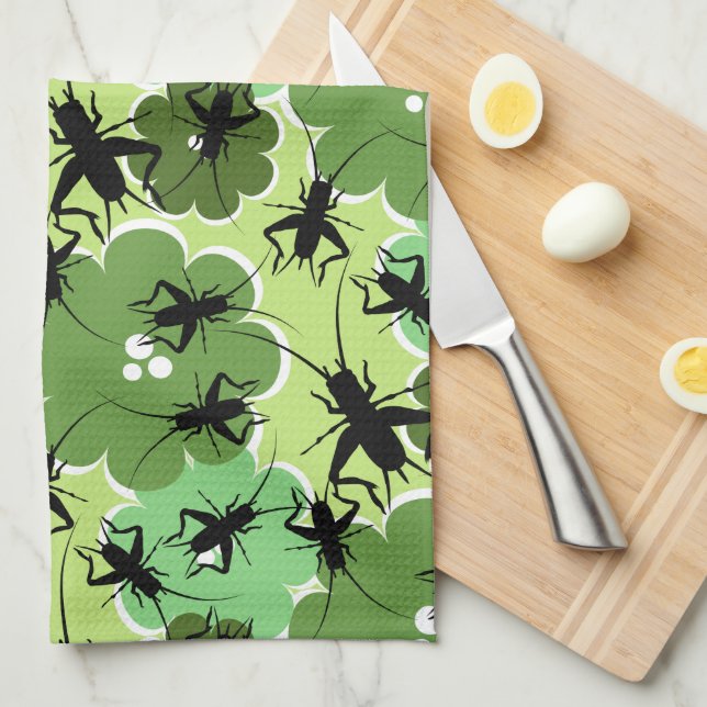 Cricket Floral Pattern Green + Black Tea Towel (Quarter Fold)