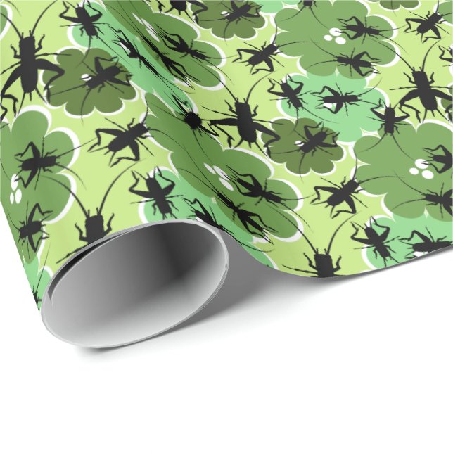 Cricket Floral Pattern Green + Black Wrapping Paper (Roll Corner)