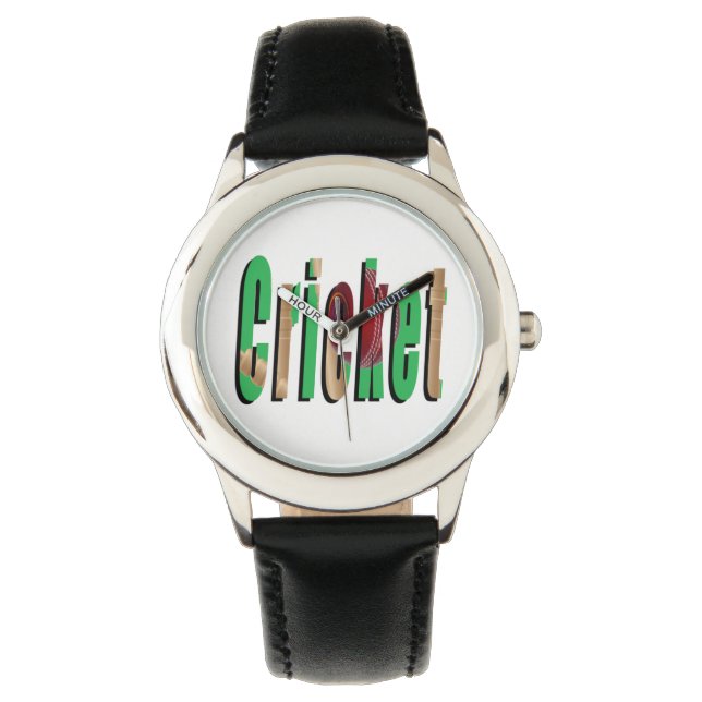Cricket Game Logo, Kids Black Leather Watch (Front)