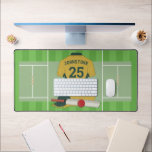 Cricket gold / green club fan/player desk mat<br><div class="desc">Front features a cricket shirt with customisable name and number,  a cricket bat,  ball,  cricket cap and pads. The background features a cricket wicket and pitch</div>