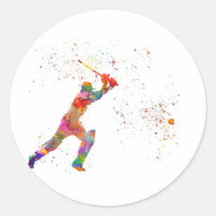 Cricket player in watercolor classic round sticker