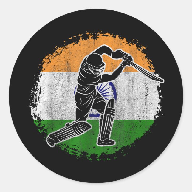 Cricket Player Indian Flag Cricketer  Classic Round Sticker (Front)