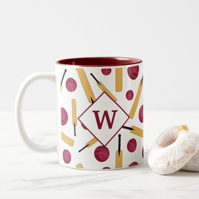Cricket Player Monogram Two-Tone Coffee Mug (With Donut)