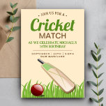 Cricket Sport Birthday Party invitation<br><div class="desc">Invite your guests with this elegant birthday party invitation featuring a cricket bat and ball on a lawn with modern typography against a beige background. Simply add your event details on this easy-to-use template to make it a one-of-a-kind invitation. Flip the card over to reveal a beautiful green grass texture...</div>