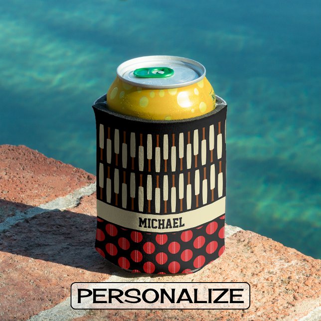 Cricket themed pattern custom name black red can cooler (Creator Uploaded)