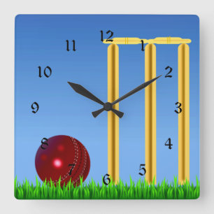 Cricket, wicket and ball square wall clock