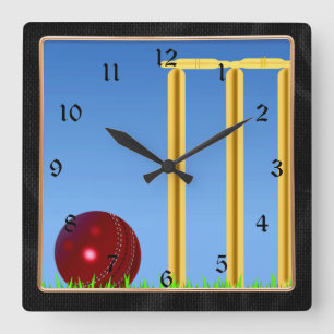 Cricket, wicket and ball square wall clock