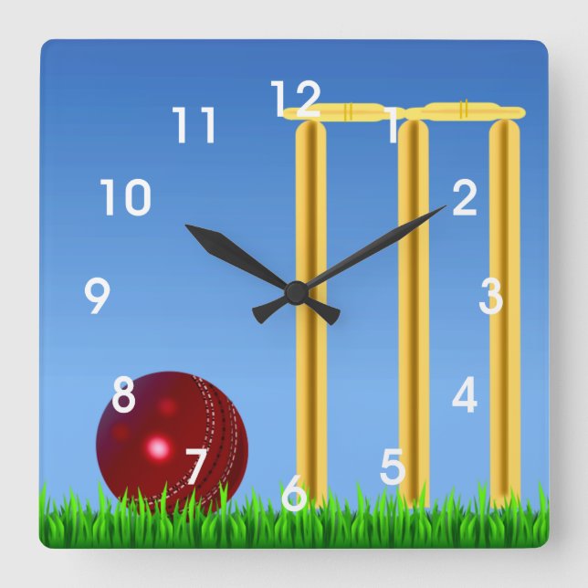 Cricket, wicket and ball square wall clock (Front)