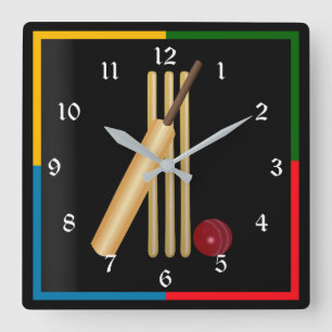 Cricket, wicket and ball square wall clock