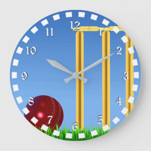 Cricket, wicket and ball with white numbers large clock