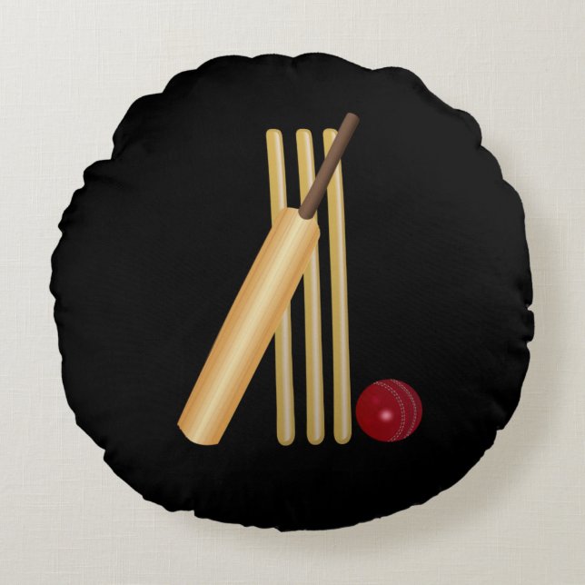 Cricket - Wicket, Bat and Ball, Black Background Round Cushion (Front)