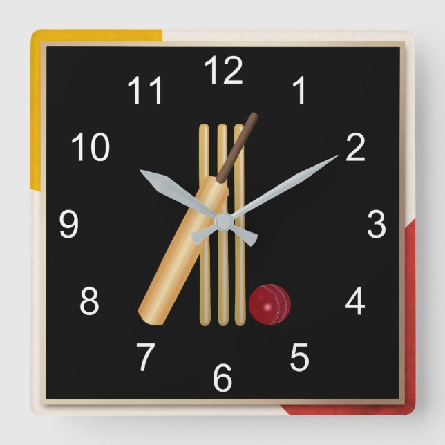 Cricket - wicket, bat and ball, popular design, square wall clock (Front)