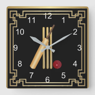 Cricket, wicket, bat and ball with gold frame square wall clock
