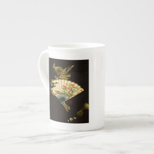 Crimped Oriental Fan with Floral Design Bone China Mug