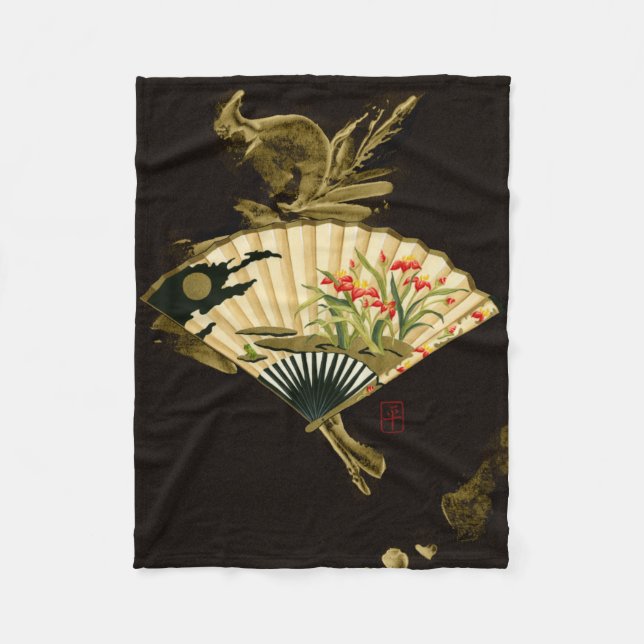 Crimped Oriental Fan with Floral Design Fleece Blanket (Front)