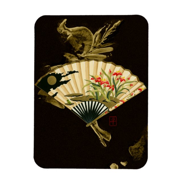 Crimped Oriental Fan with Floral Design Magnet (Vertical)