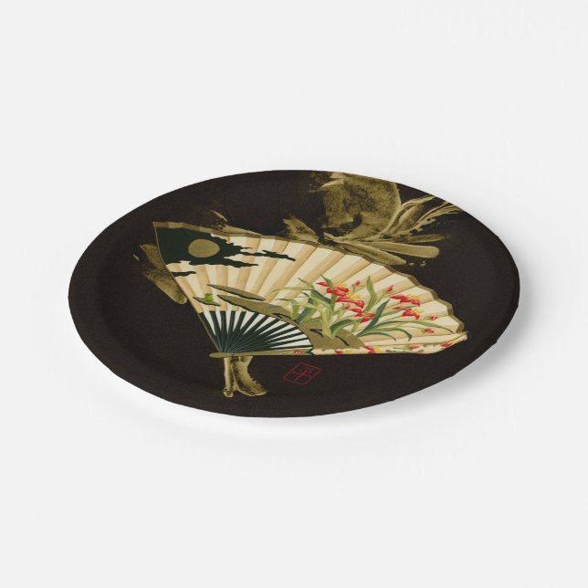 Crimped Oriental Fan with Floral Design Paper Plate (Angled)