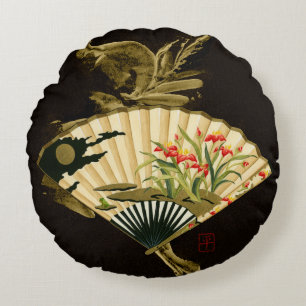 Crimped Oriental Fan with Floral Design Round Cushion