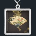 Crimped Oriental Fan with Floral Design Silver Plated Necklace<br><div class="desc">Painting of a crimped oriental fan with a floral design. The black background lets the colours on the fan pop off the print. Hang this on your wall and enjoy!</div>