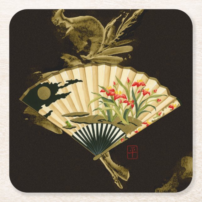 Crimped Oriental Fan with Floral Design Square Paper Coaster (Front)