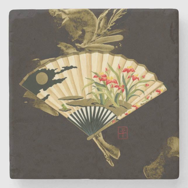 Crimped Oriental Fan with Floral Design Stone Coaster (Front)
