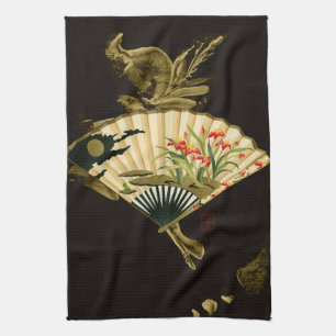 Crimped Oriental Fan with Floral Design Tea Towel