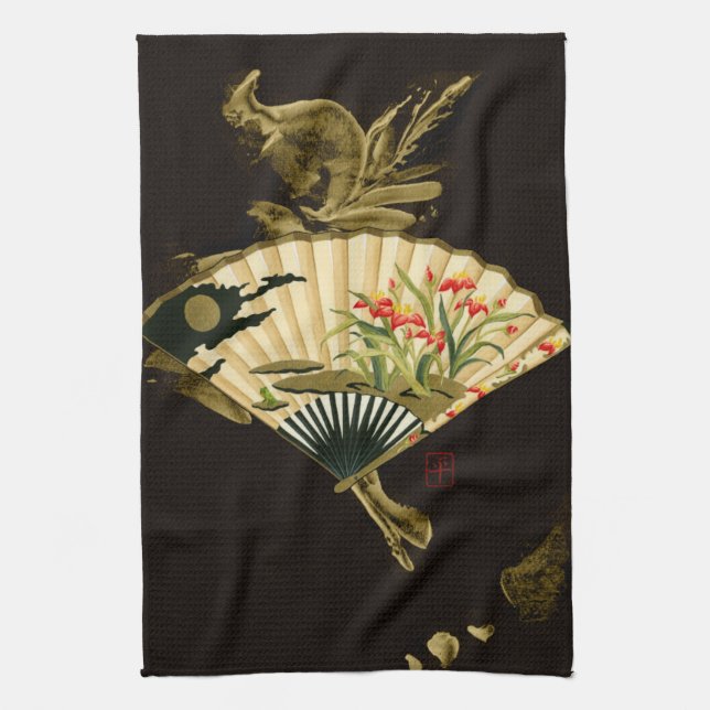 Crimped Oriental Fan with Floral Design Tea Towel (Vertical)