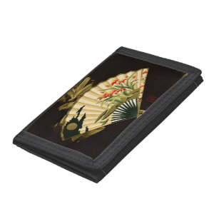 Crimped Oriental Fan with Floral Design Tri-fold Wallet