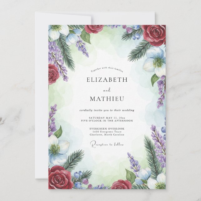 Crimson Amethyst Pine Eucalyptus Wedding Invitation (Front)