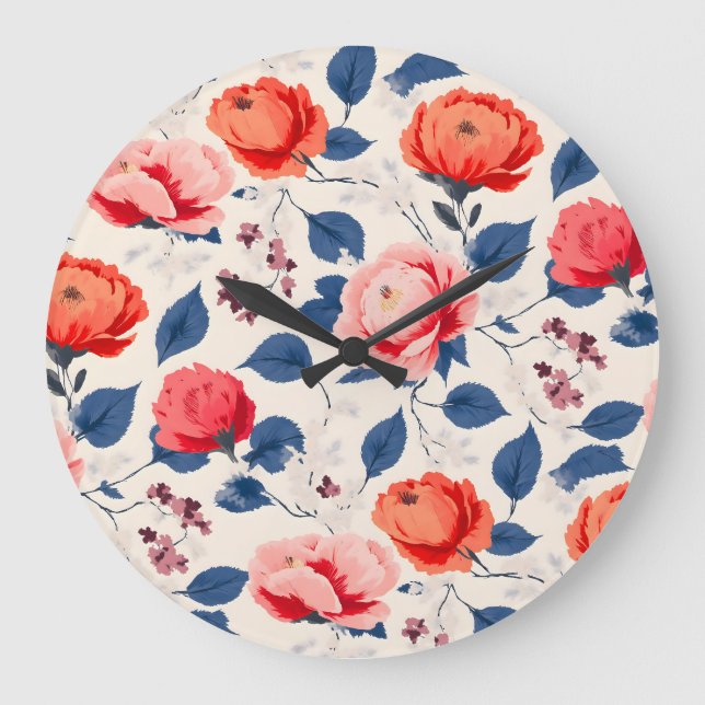 Crimson and Coral Flower Large Clock (Front)