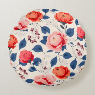 Crimson and Coral Flower Round Cushion